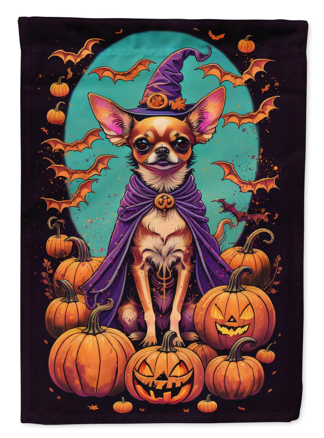Chihuahua wearing purple witch hat and cape with pumpkins and bats on a Halloween garden flag