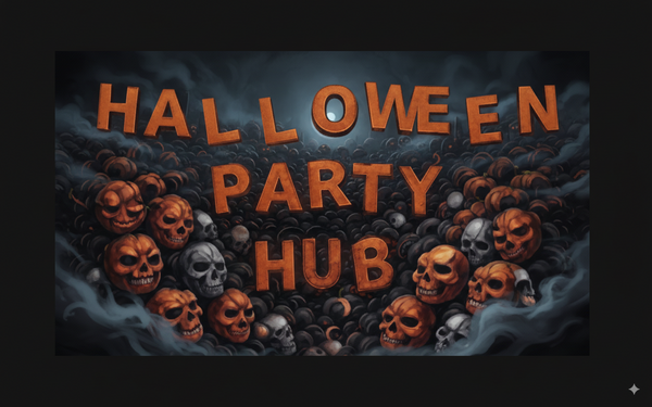 spooky Halloween Party Hub banner featuring pumpkins, skulls and dark fog 2025