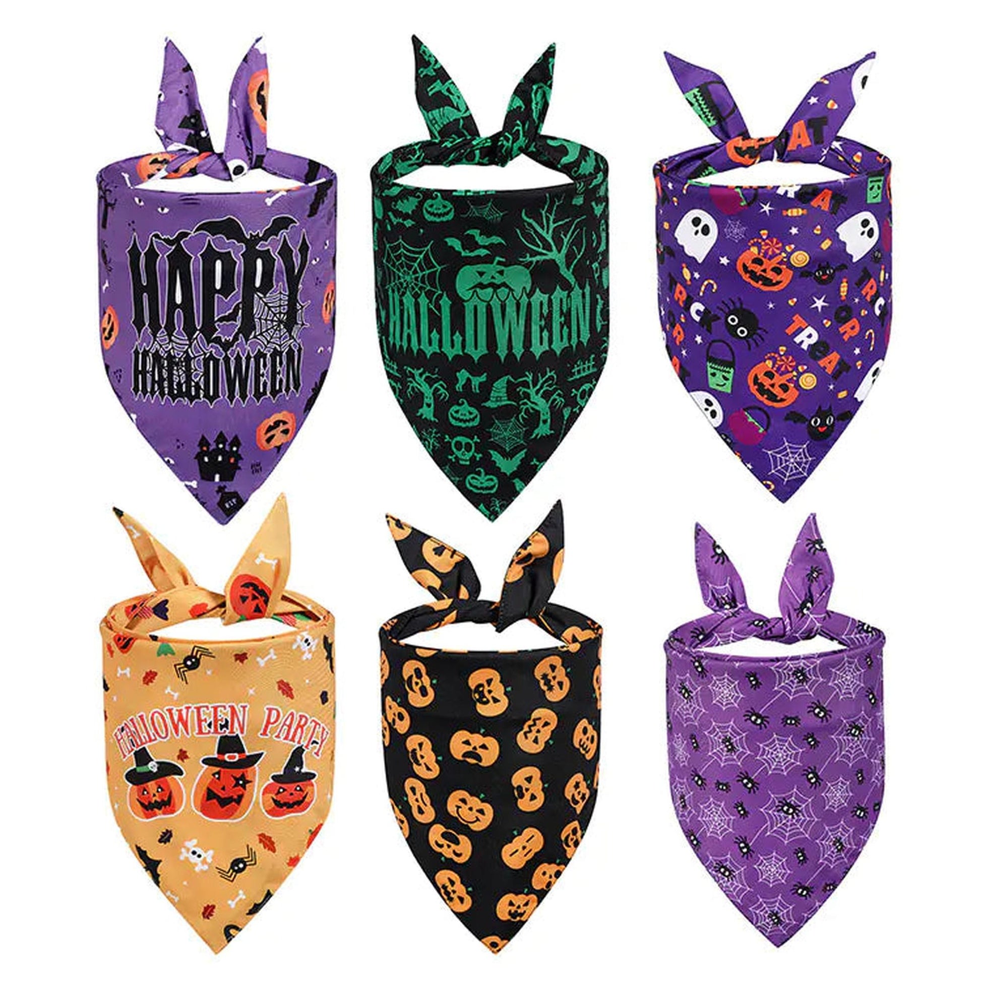 set of six Halloween-themed pet bandanas with various designs and colors on white background for pets 2025