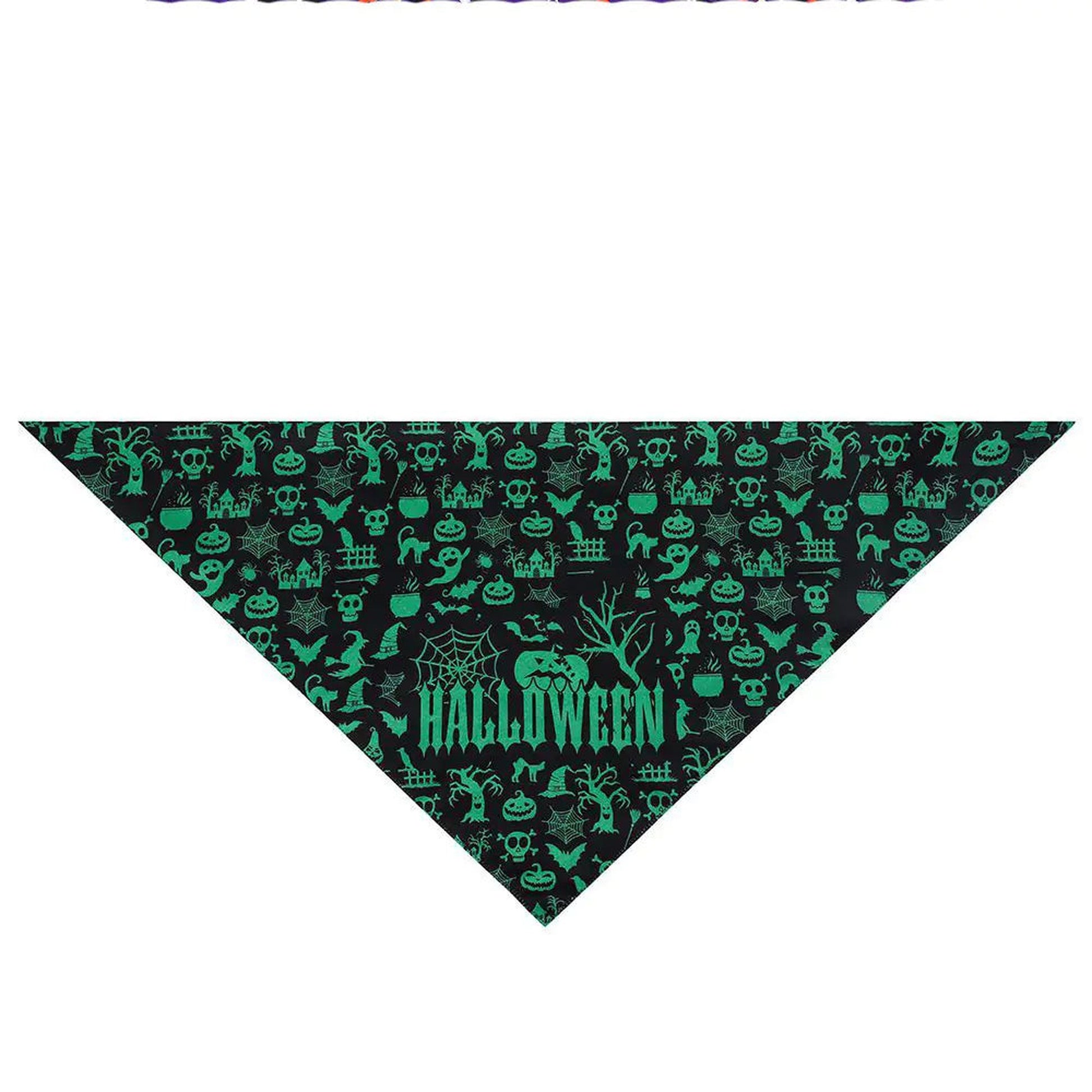 green Halloween bandana with pumpkins, witches, and spooky patterns on black background for pets 2025