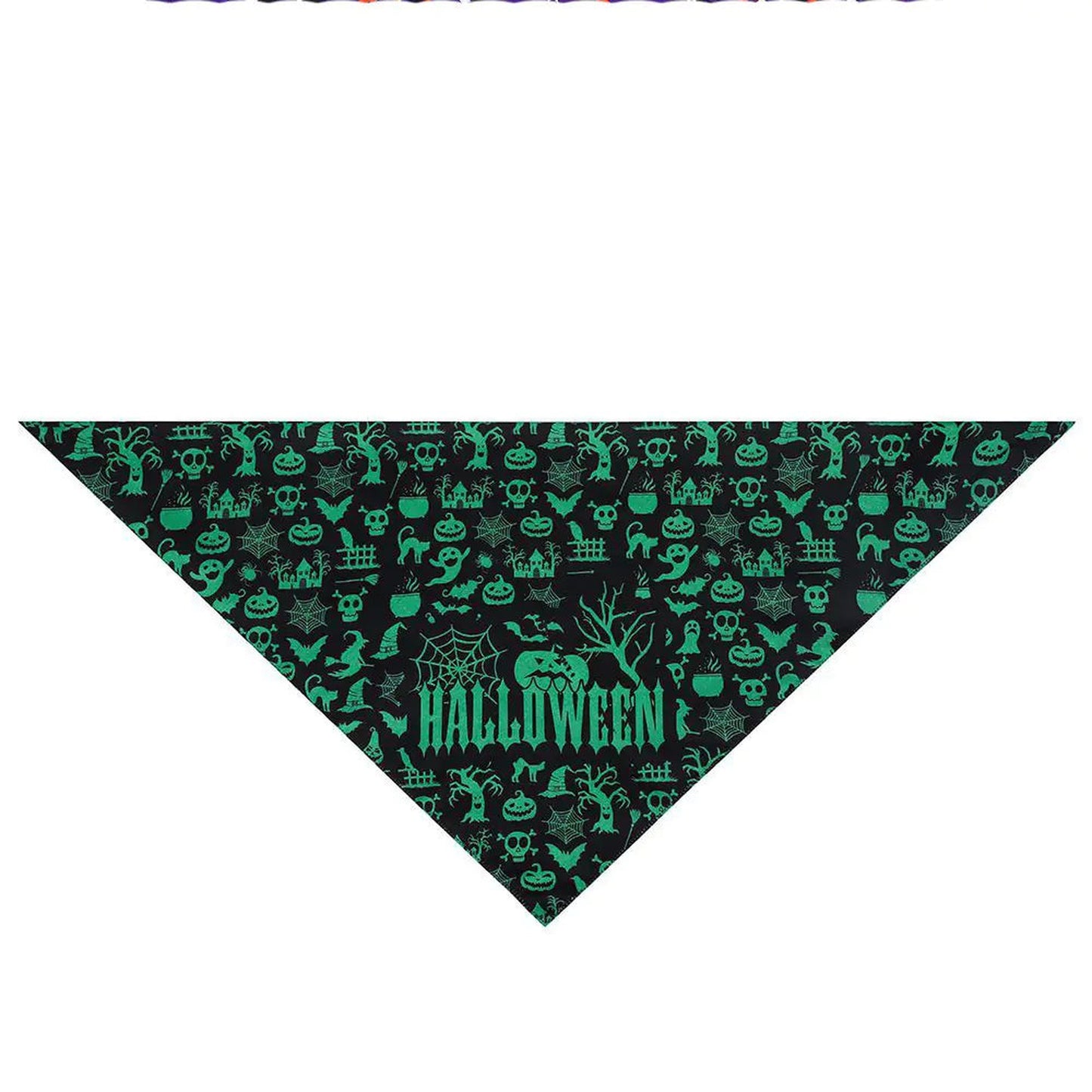 green Halloween bandana with pumpkins, bats, witches and skulls on black background for pets 2025