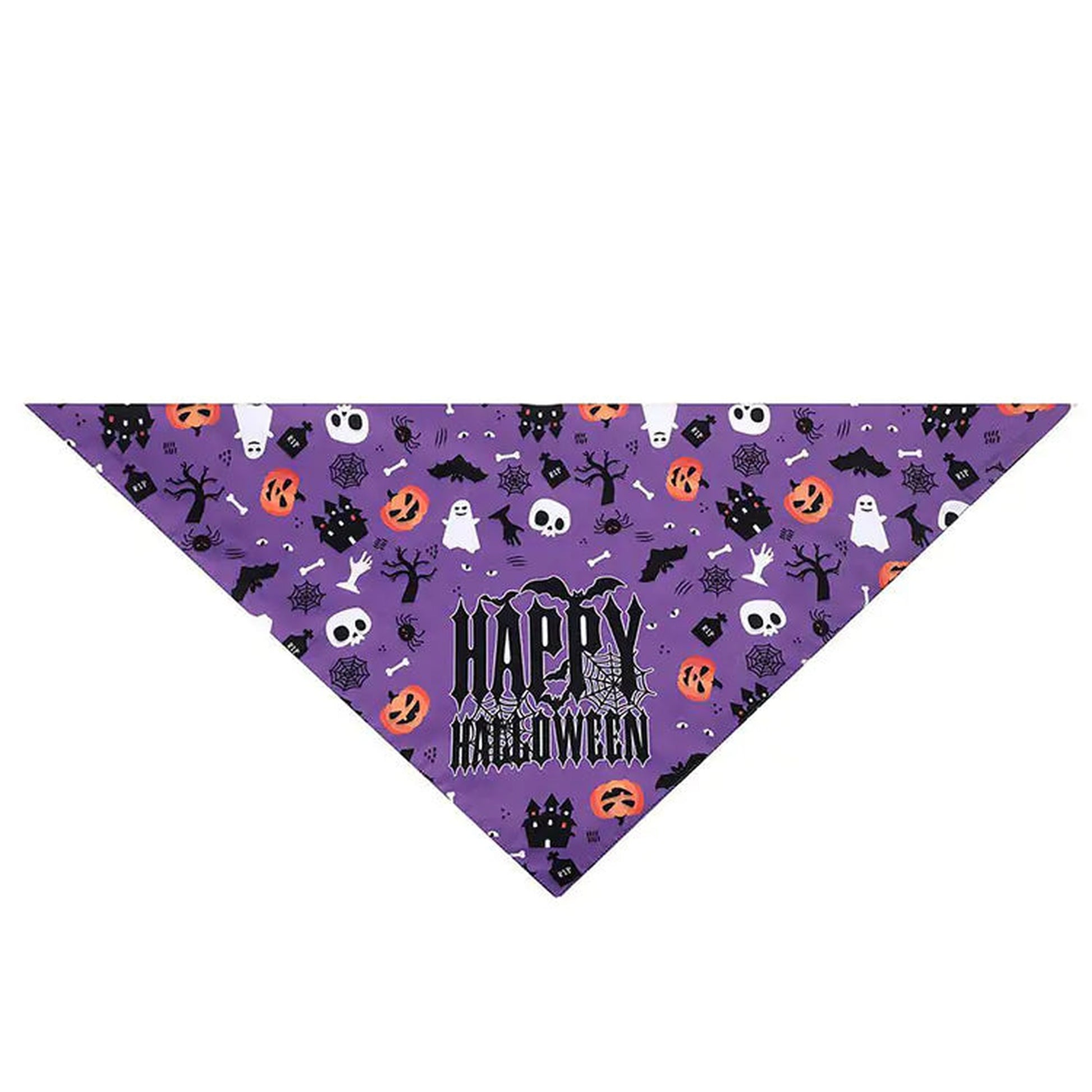 purple Halloween bandana with ghosts, bats, pumpkins and Happy Halloween text for pets 2025