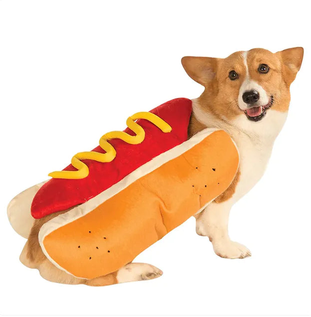 dog dressed as hot dog pet costume for Halloween 2025
