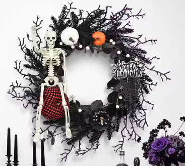 Spooky Black & Orange Halloween Wreath with Skeleton