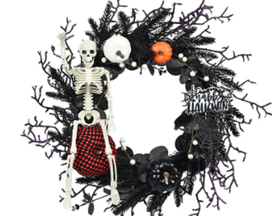 Halloween wreath with skeleton, pumpkins, skulls and black branches on a white background.